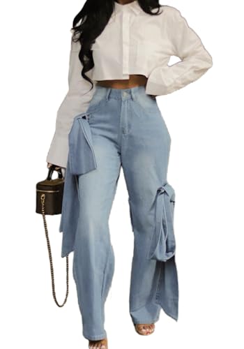 Vaceky Bow Tie Jeans Women Y2K High Waisted Straight Leg Trendy Denim Pants