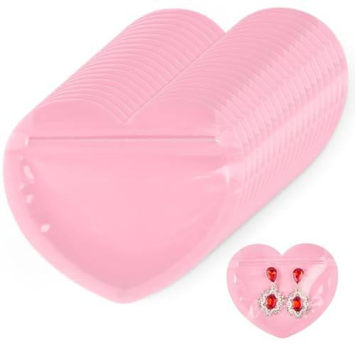 Ohuimrt 100 Pcs Small Heart Shaped Jewelry Bag, 3.3 x 3.9 Inch Pink Resealable Mylar Bag, Cute Packaging Bags for Jewelry Earring Necklace Trinket Small Business Valentine's Day Supplies
