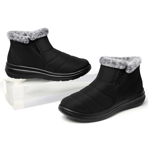 Shibever Winter Waterproof Boots For Women: Snow Women Ankle Black Fur Lined Booties Size 8 Slip On Warm Insulated Boot thumb #1