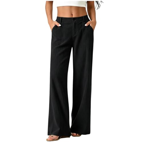 Womens Corduroy Pants Straight Leg High Waisted Fall Trousers Black - image 1