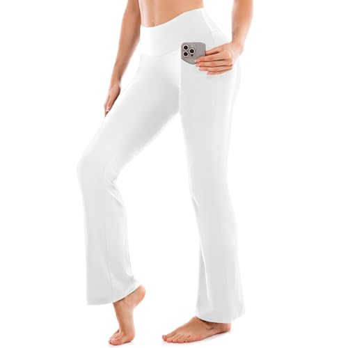 SINOPHANT Pantalone da Yoga Legging Sportivo Donna Vita Alta Opaco con 2 Tasche Bianco S
