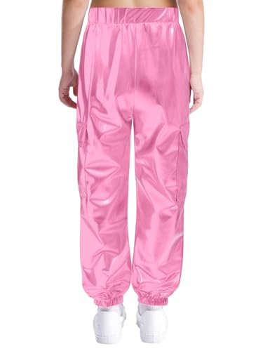 Hansber Kids Girls Boys Metallic Cargo Jogger Pants Jazz Street Hip Hop Dance Pants Summer Causal Trousers2
