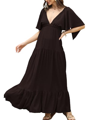 Image of Kikibell Women Summer Dresses Sexy V-Neck Maxi Dress Tiered Silhouette with Flutter Sleeve Backless Elastic Waist Flowy Dress