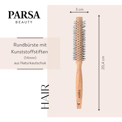 PARSA Beauty Rundbürste 14 mm – Stylingbürste für Volumen und kurzes Haar, Föhnbürste aus Kautschukholz, Ergonomisches Design, Für feines bis mitteldickes Haar, Umweltfreundlich & langlebig