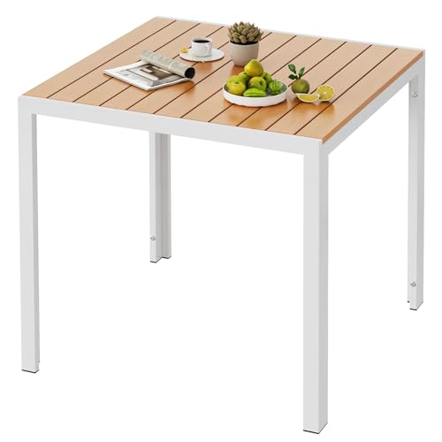 LIFERUN Mesa de jardín resistente a la intemperie, 75 x 75 cm, mesa de balcón de aluminio con tablero de WPC, mesa de comedor exterior para balcón y terraza, ligera, estable, cuadrada, color blanco y