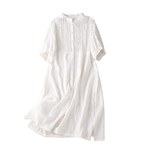 KIMCCI Boho Kleid Damen, Loses Damen-Baumwoll-Leinenkleid Sommer-Kurzarmkleid Brust Plissee-Hemdkleid Knopfleiste Mit Tasche Boho Für Party Bankett...