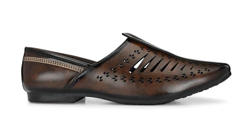 Image of Ethnic Jutti & Mojri Shoes for Men | Traditional Nagra Style Footwear | Slip On Design | Closed Toe Pattern | Cultural Wear Mens Shoes | Black Color 