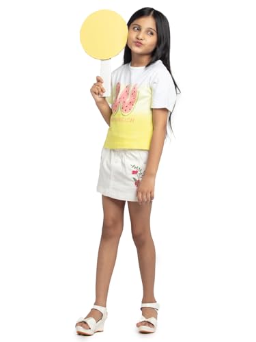 Image of Under Fourteen Girls Paper Bag Waist Band Embroider Skirt | Skirt for Girls | Woven | 6-7 Yrs(Cream)