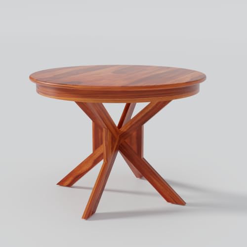 Image of Solid Sheesham Wood 4 Seater Round Dining Table Set with 4 Green Cushioned Chairs | Wooden Dining Table Set for Home, Kitchen, Dining Room & Restaurant | Dining Table Set 4 Seater | Honey Finish