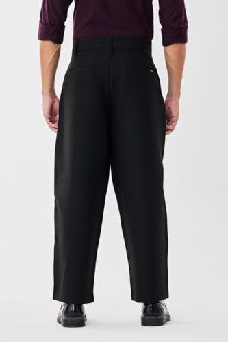 Image of SNITCH Men Casual Trousers | Baggy Fit Wide-Leg Design with Pleated Front & Button Closure | Durable Polyester Blend & Medium-Stretch Fabric for Summer Wear