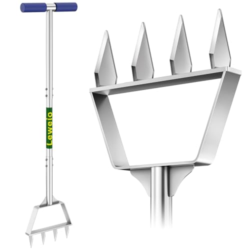 Leweio Manual Lawn Aerator Spike Tool, Semi-Assembled, Non-Clogging Spike Aerator with 4 Steel Spikes, Ergonomic Handle & Reinforced Welding for Compacted Soil Aerating & Yard Aeration - Green