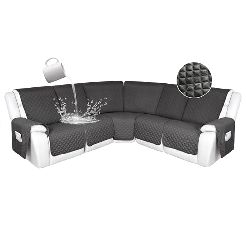HDCAXKJ 100% Waterproof Reclining Sectional Couch Covers L Shape Recliner Sofa Cover Washable Quilted Soft Pet Dog Corner Recliner Slipcovers with Pockets (5 Seat Recliner Couch, Dark Gray)