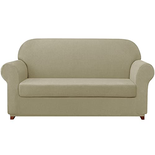 subrtex Sofa Cover 2 Piece Stretch Sofa Slipcover Soft Couch Slipcovers Washable Furniture Covers, Jacquard Fabric Small Checks(Sand,X-Large)