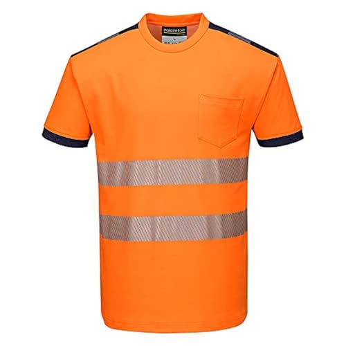 Image of Portwest PW3 T181 Mens Hi-Vis Cotton Comfort T Shirt Short Sleeve Breathable Reflective Tape Safety Workwear Crew Neck Construction Rail Warehouse High Visibility Top, Orange/Navy, M