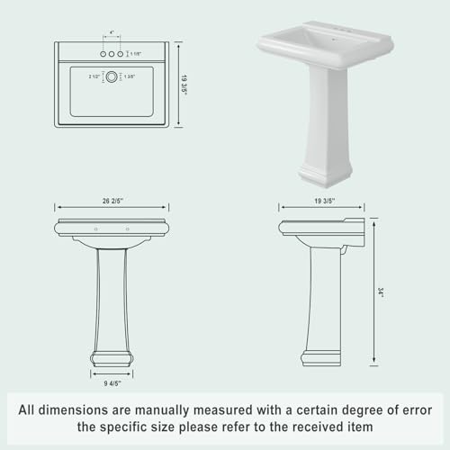 Rectangular Pedestal Sink, Bathroom Pedestal Sink 26 X 20 Inch White Ceramic Pedestal Bathroom Sink with Overflow & 3 Pre-Drilled Holes for 4-Inch Faucets