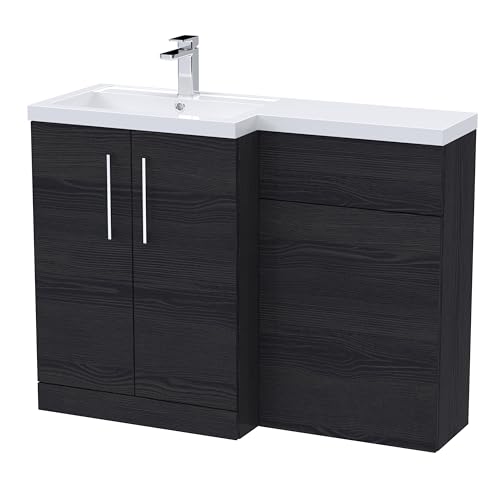 Image of nuie ARN611L Arno Modern Bathroom Left Hand 2 Soft Close Door Vanity Basin and WC Combination Unit, 1100 x 390mm, Charcoal Black Woodgrain