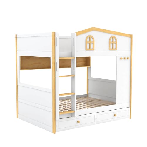 Image of Merax Full Over Full Size House Bunk Bed with Storage Shelves & 2 Drawers, Solid Wood Space-Saving Loft Bed Frame with Safety Guardrails for Bedroom, White+Natural
