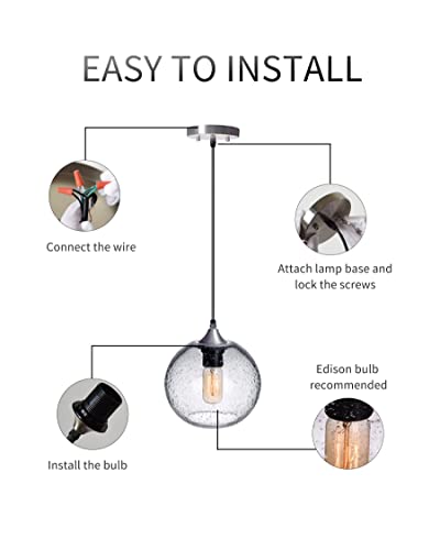 ARIAMOTION Pendant Lights Kitchen Island 3 Pack Hand Blown Glass Modern Farmhouse Lighting Clear Seeded Bubbles Dining Room Table Coffee Bar Counter Brushed Nickel Globe Shape 7.5 Inch Diam - Image 4