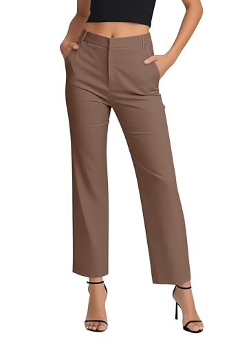 EXCHIC Damen Komfortabel Dehnbar Gerade Bein Freizeit Hosen Hohe Taille Arbeitshose mit Taschen(M, Tiefer Kaffee)