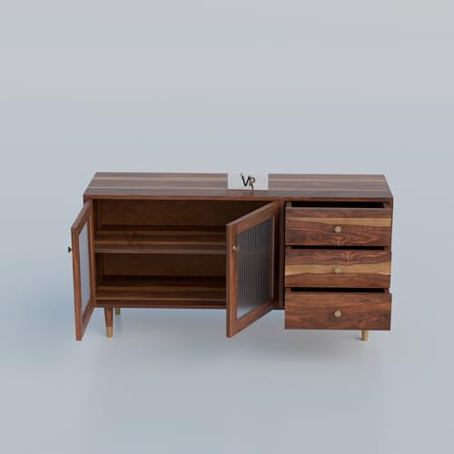 Image of VAP Solid Sheesham Wood Sideboard Cabinet with Tile Design Doors & 3 Drawers | Wooden Crockery & Buffet Storage Cabinet for Living Room & Dining Room | Modern Crockery Cabinet | Honey Finish