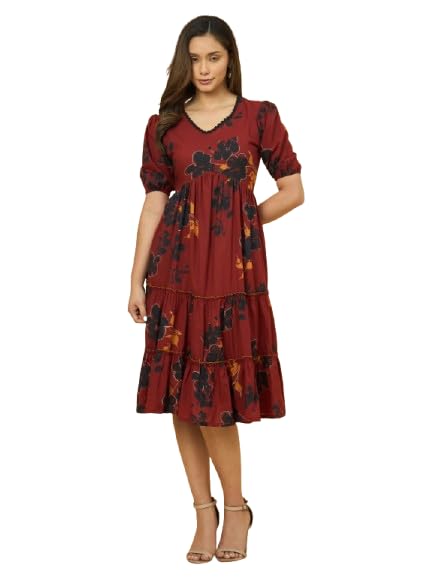 azira Printed Cotton Red V-Neck Tiered Midi Dress for Women | Dresses for Women-picture-46