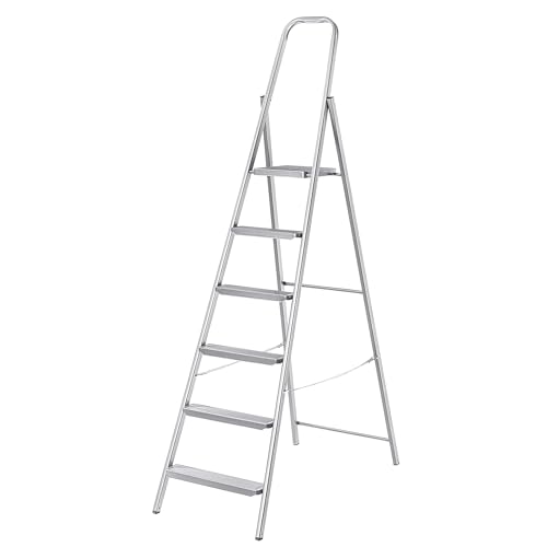 KADAX Échelle en Acier avec Pieds Antidérapants, Escabeau Pliant avec Étagère, Échelle Domestique à Large Marches (6 Marches)