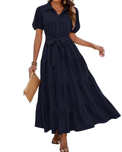 dowerme Womens Summer Dresses 2025 Short Sleeve Button Tie Waist Beach Vacation Clothes Boho Flowy Tiered Maxi Sundress(Navy Blue,Medium)