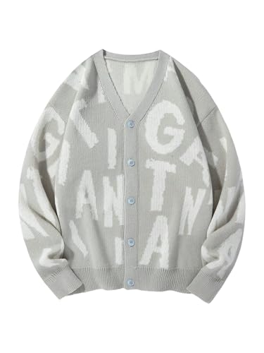 Floerns Men's Letter Print Button Up Sweater Top V Neck Long Sleeve Knit Cardigan