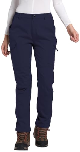 Womens Fleece Lined Waterproof Hiking Pants Insulated Softshell Warm Outdoor Winter Snow Ski Pants Navy L