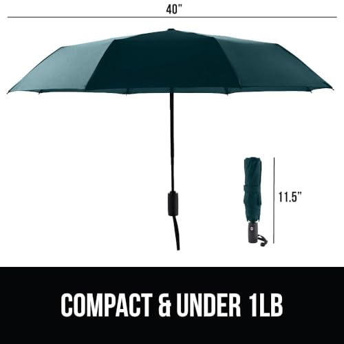 Image of GORILLA GRIP Compact Travel Size Umbrella for Rain, Sleek Design Fits Backpack, Purse and Carry On, Lightweight Under 1lb, One Click Open and Close, Wind Resistant, Durable Waterproof, Hunter Green