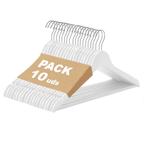 Mercury Textil - Perchas Ropa De Madera Natural, Gancho Giratorio 360 , Barra Antideslizante Para Pantalones, Ideal Para Trajes, Vestidos Y Chaquetas, Perchas Madera Blanco, 10 Unidades