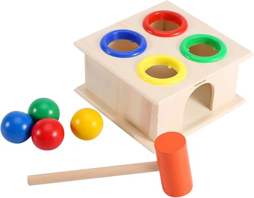 Image of SHINETOY Wooden Ball Drop Hammer Toys for Toddlers | Montessori Pounding Toy with 4 Colorful Balls | Early Learning & Motor Skills Toy, 11 x 6 cm