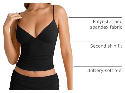 Image of PINKMSTYLE Women's Sexy V Neck Ruched Cami Top Sleeveless Spaghetti Double Layer Fitted Crop Tank Tops