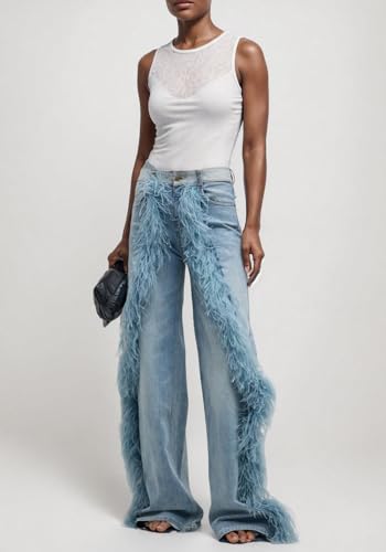 DINGANG Women's Casual High Waisted Straight Leg Jeans Feather-Trim Denim Baggy Stretchy Trousers Pants4