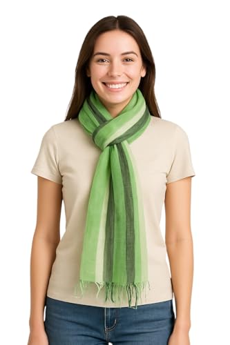 Silk Scarf for Women – Lightweight Summer Wrap with Green Stripes & Tassels – Soft Elegant Travel Shawl – Breathable Neck Accessory – 70x180cm
