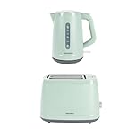 Progress Neutrals Kettle & 2‑Slice Toaster Set – 1.7L 3000W Fast‑Boil Kettle, 360° Swivel Base, Boil-Dry Protection, 900W Toaster with 6 Browning Levels, Wide Slots, Removable Crumb Tray, Green