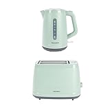 Progress Neutrals Kettle & 2‑Slice Toaster Set – 1.7L 3000W Fast‑Boil Kettle, 360° Swivel Base, Boil-Dry Protection, 900W Toaster with 6 Browning Levels, Wide Slots, Removable Crumb Tray, Green