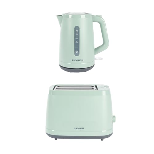 Progress Neutrals Kettle & 2Slice Toaster Set 1.7L 3000W FastBoil Kettle 360 Swivel Base Boil-Dry Protection 900W Toaster with 6 Browning Levels Wide Slots Removable Crumb Tray Green