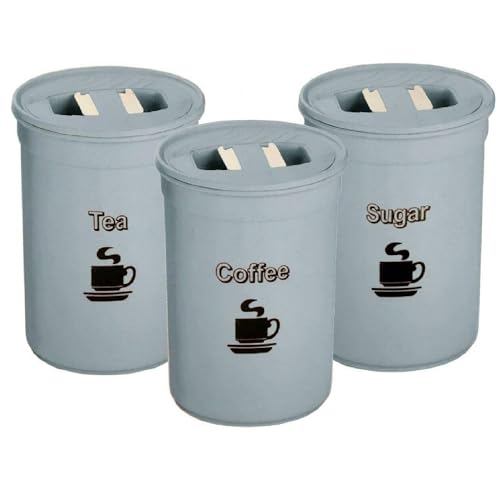 SIDSONS 3 Piece Set Tea Coffee Sugar Canister Set 850ml Plastic Round Home Kitchen Tea Coffee Sugar Container Tin Airtight Storage Jars Set (pastel Blue)