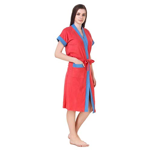 Image of bathrobes terry cotton free size bathrobe for women, bathsuit fit up to 42 inches chest size ladies - Blue Belt Red bathrobe