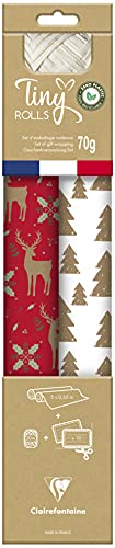 Clairefontaine Tiny Rolls 223887C - Kit de embalaje de regalo (2 rollos de papel kraft reciclado, 5 x 35 cm, bobina bolduc de 20 m + 10 etiquetas de regalo), color rojo y blanco