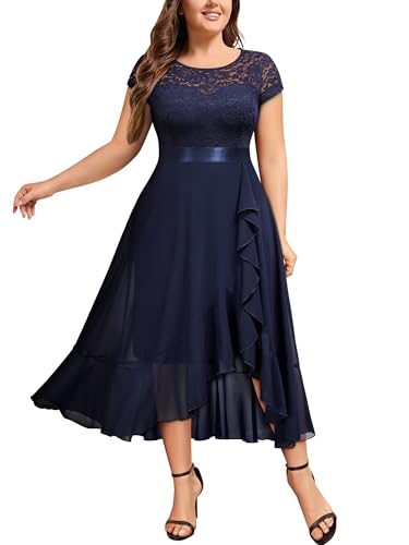 Miusol Women's Plus Size Ruffle Floral Lace Contrast Chiffon Formal Bridesmaid Party Cocktail Maxi Dress