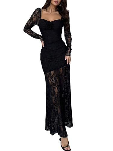 SweatyRocks Maxikleid Damen Langarm Spitzenkleid Festlich Partykleid Elegant Abendkleider Langes Kleid Mit Spitze Cocktailkleid Winterkleid Schwarz M