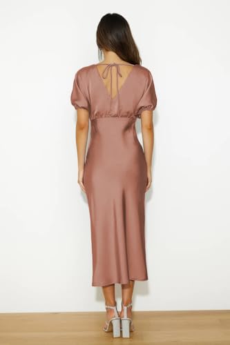 Image of Summer Satin V Neck Puffy Sleeves Empire Waist Midi Dresser Silk Sexy Tie Back Formal Cocktail Dresser for Women Wedding