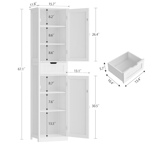 Iwell 67" Tall Bathroom Cabinet, Storage Cabinet with 2 Doors & 1 Drawer, Bathroom Storage Cabinets with Adjustable Shelves, for Living Room, Entryway, Home Office, White