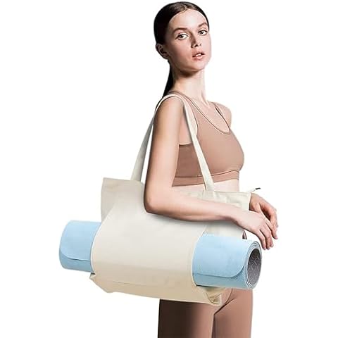 KIGI Canvas Tote Bag with YOGA Mat Carrier Pocket for Gym, Pilates, Workout, Beach and Office (Beige) Cover