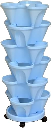 鉢-丈夫なプラスチック製の植木鉢、多層スタッキングデザイン、取り外し可能なボトムソーサー、縦型スタッカブルフラワータワー、屋外の積み重ねられたプランターポット、スペースを節約するフィルター設計 (青,Threepetals)