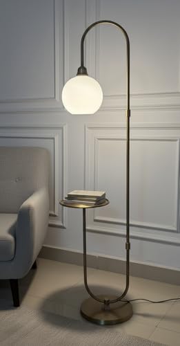 Image of Divine Trends Modern Table Shelf LED Floor Lamp Standing Brass Antique Finish 5ft Height with Shelf Diameter 10 Inches and Glass Milky White Globe Lampshade (Pack of 1)