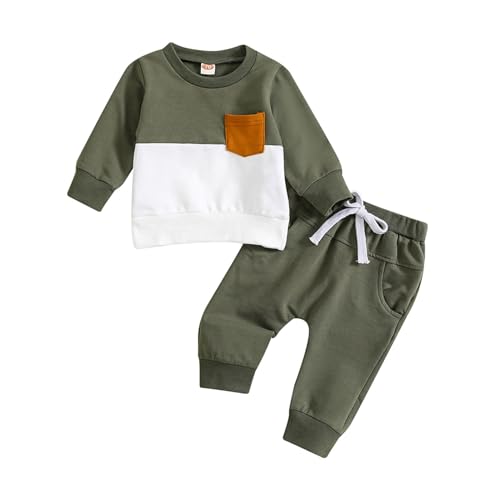 Image of VZF Toddler Baby Boy Fall Winter Casual Clothes Color Block Pocket Long Sleeve Sweatshirt+Solid Sweatpants Outfits Set,Army Green 12-18M