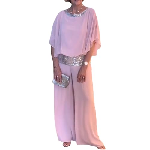 Mother of The Bride Pant Suits Sequin Chiffon 3/4 Sleeve Blouse Wide Leg Pants Suit Wedding Guest Outfit for Women
